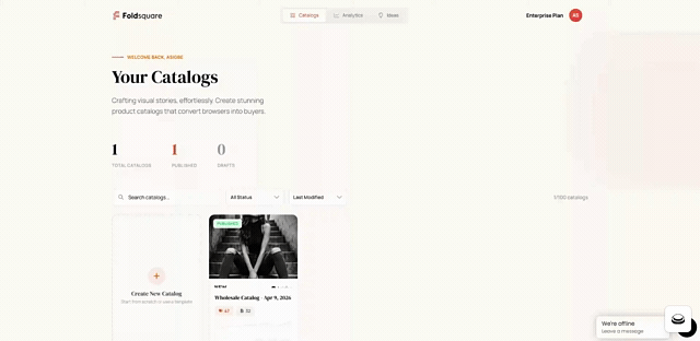 New profile avatar popover menu in the Foldsquare top navigation with account settings and logout.