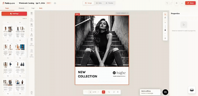 Foldsquare bulk layout change: selecting multiple catalog pages and applying a new layout from the bottom action bar.