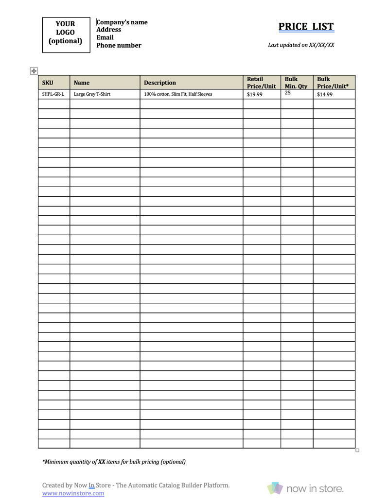 word price list template