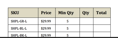 Empty Prefilled Table prefilled product table