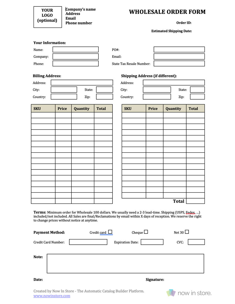 Wholesale Order Form Template - Create Your Own For Free Within Order Form With Credit Card Template